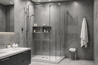 Accessoires de douche modernes dans une salle de bains élégante