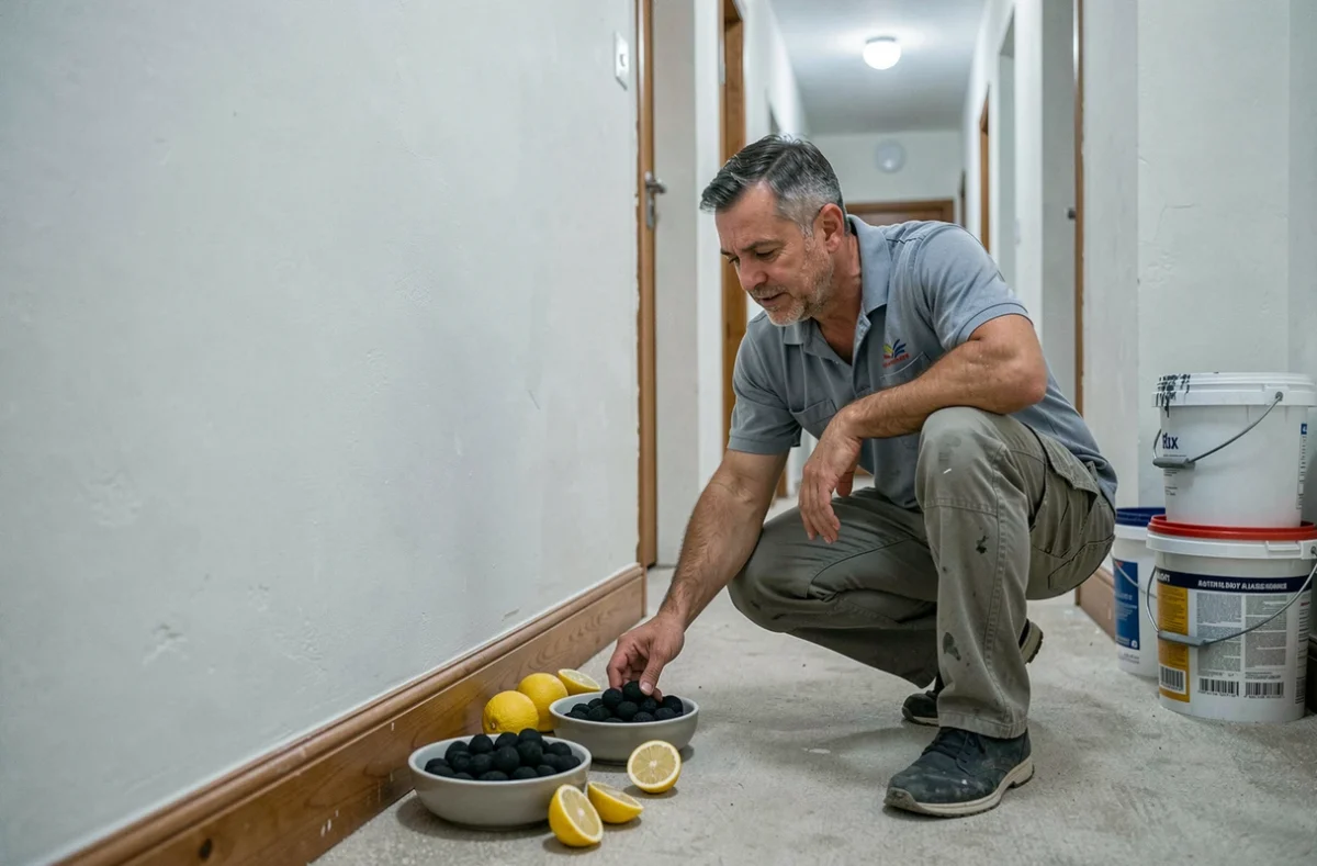 Homme plaçant du charbon actif et des citrons pour absorber les odeurs de peinture dans un couloir fraîchement repeint