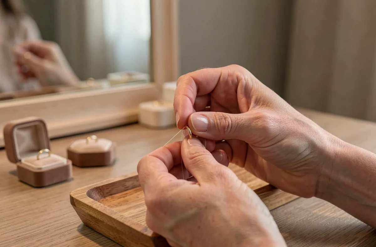 Femme enroulant du fil dentaire autour d'une bague en or trop grande pour l'ajuster, technique maison sur coiffeuse