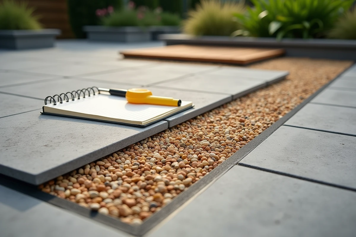 Comparaison de trois alternatives au terrasto : dalles en pierre naturelle, lames de terrasse composite et gravier stabilisé posés sur une base de sable compacté avec géotextile