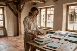 Décoratrice d'intérieur strasbourgeoise étudiant des échantillons de matériaux dans un appartement alsacien rénové avec poutres apparentes et carrelage en terre cuite