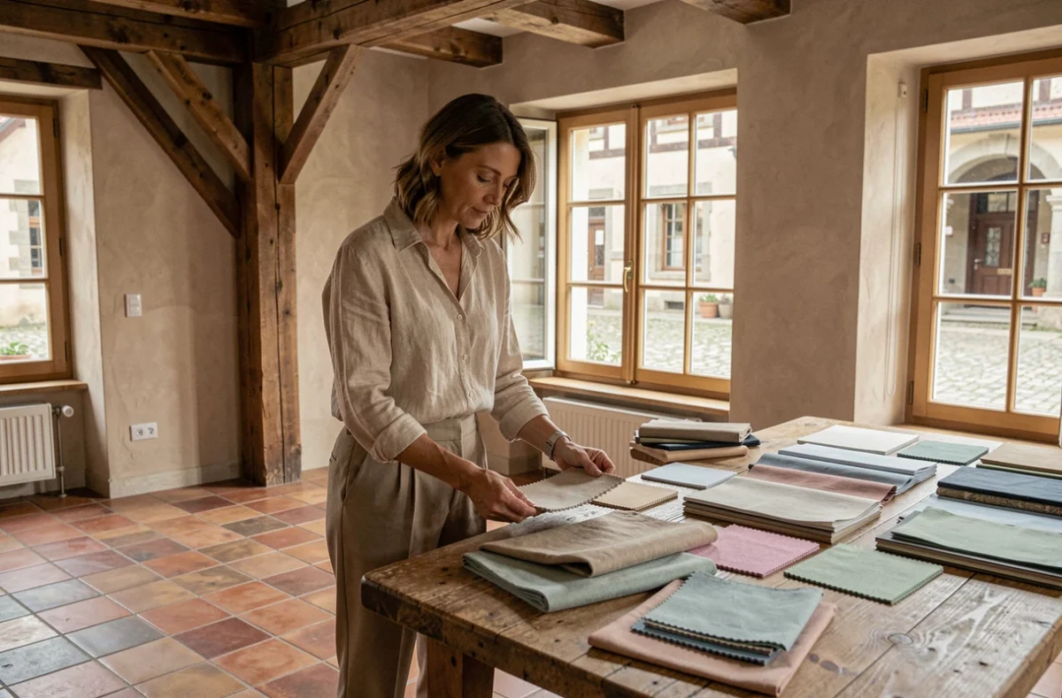 Décoratrice d'intérieur strasbourgeoise étudiant des échantillons de matériaux dans un appartement alsacien rénové avec poutres apparentes et carrelage en terre cuite