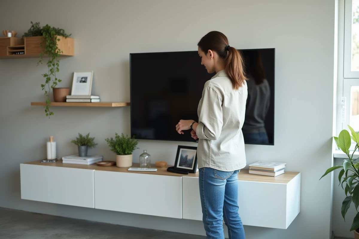 Personne aménageant un meuble TV d'angle blanc dans un studio moderne pour optimiser l'espace