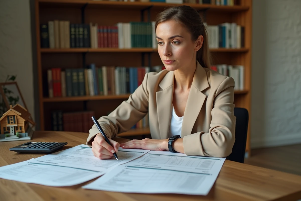 Femme investisseuse analyant des documents fiscaux et financiers liés à la location de box garages sur un bureau en bois