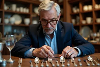 Antiquaire français examinant de l'argenterie ancienne avec loupe