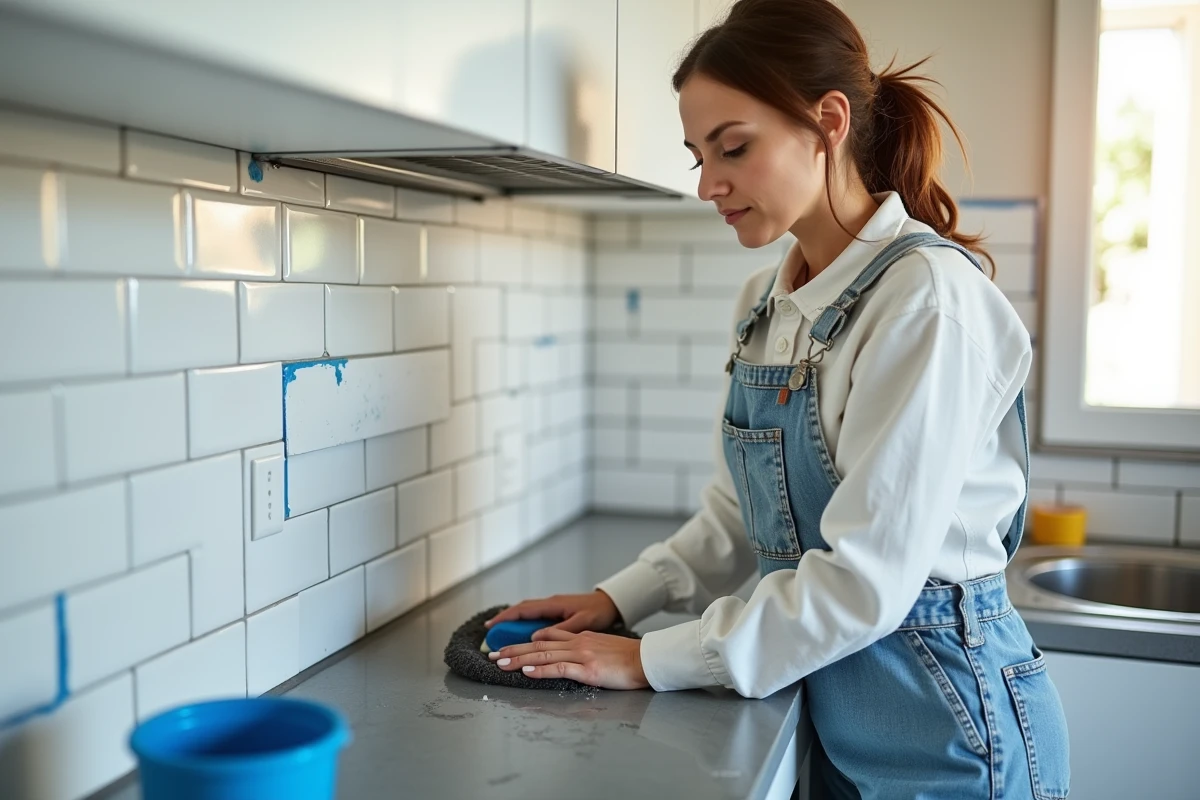Femme appliquant un joint époxy sur carrelage de cuisine après préparation et ponçage des joints existants