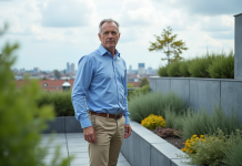 Architecte homme sur toit vert moderne avec skyline