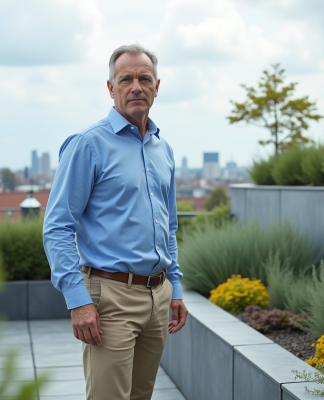 Architecte homme sur toit vert moderne avec skyline