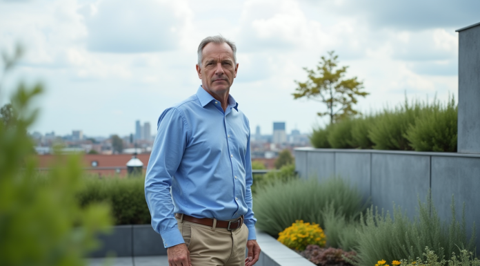 Architecte homme sur toit vert moderne avec skyline