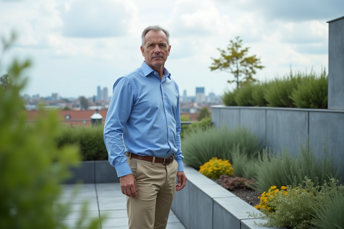 architect-rooftop-jardin Architecte homme sur toit vert moderne avec skyline