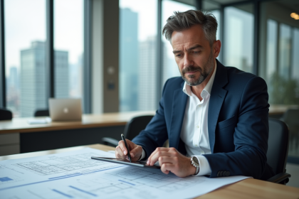 Architecte homme étudie des plans dans un bureau moderne