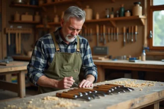 Artisan menuisier examinant un assortiment de gouges à bois sur un établi en bois vieilli dans un atelier artisanal