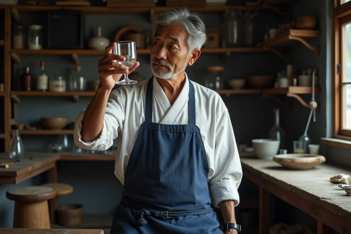 Artisan japonais d'âge mûr en tablier en lin inspectant un verre à whisky artisanal dans son atelier de verrerie traditionnel