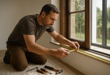 Artisan mesurant une fenêtre dans une pièce moderne ensoleillée