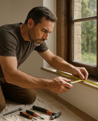 Artisan mesurant une fenêtre dans une pièce moderne ensoleillée