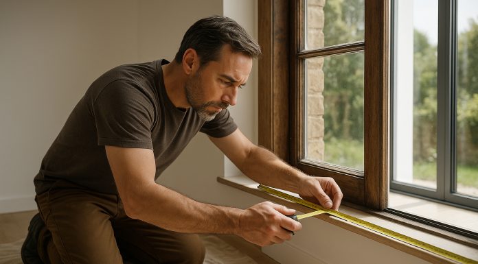 Artisan mesurant une fenêtre dans une pièce moderne ensoleillée