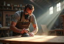 artisan ponçant une table en bois dans un atelier lumineux
