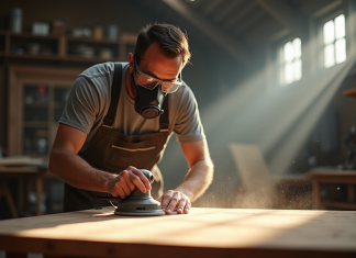 Conséquences du surponçage sur votre santé : comment l’éviter et vous protéger ! artisan ponçant une table en bois dans un atelier lumineux