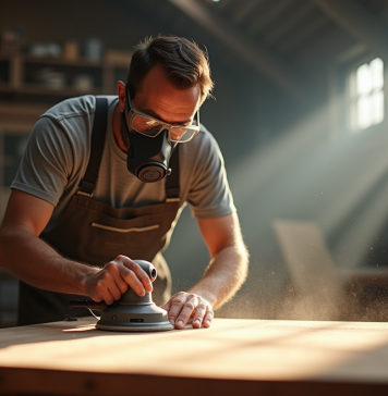 artisan ponçant une table en bois dans un atelier lumineux