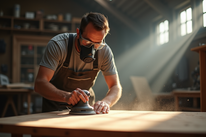 artisan-ponceuse-bois-ateliers artisan ponçant une table en bois dans un atelier lumineux