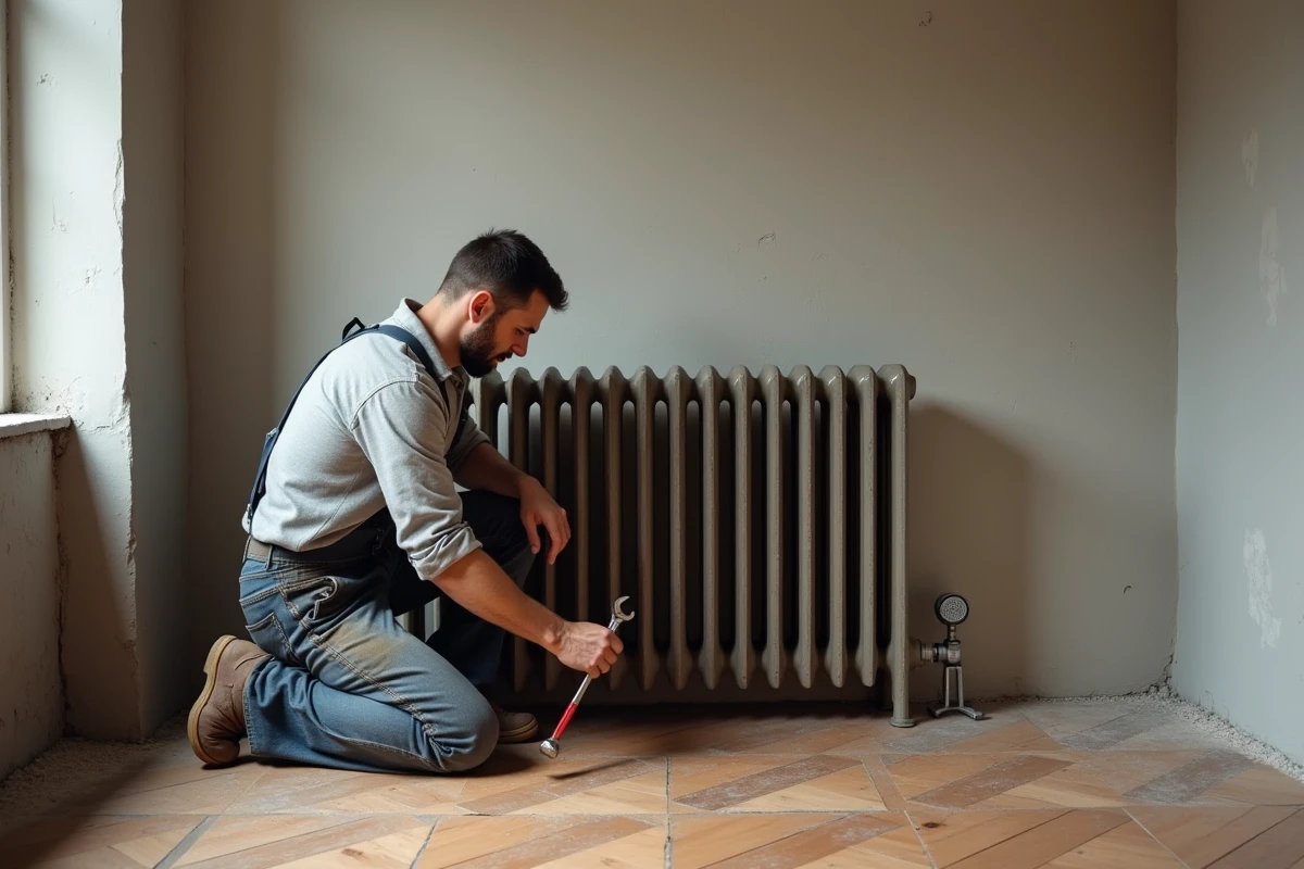 Artisan réglant le pied d'un radiateur fonte sur un parquet en chevrons ancien irrégulier lors d'une rénovation