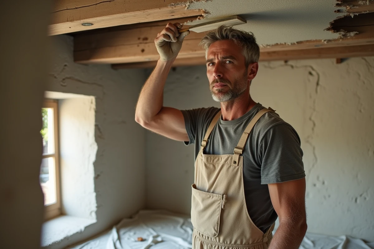 Artisan plâtrier réparant un plafond fissuré dans une maison ancienne en pierre, appliquant un enduit traditionnel à la chaux avec une truelle