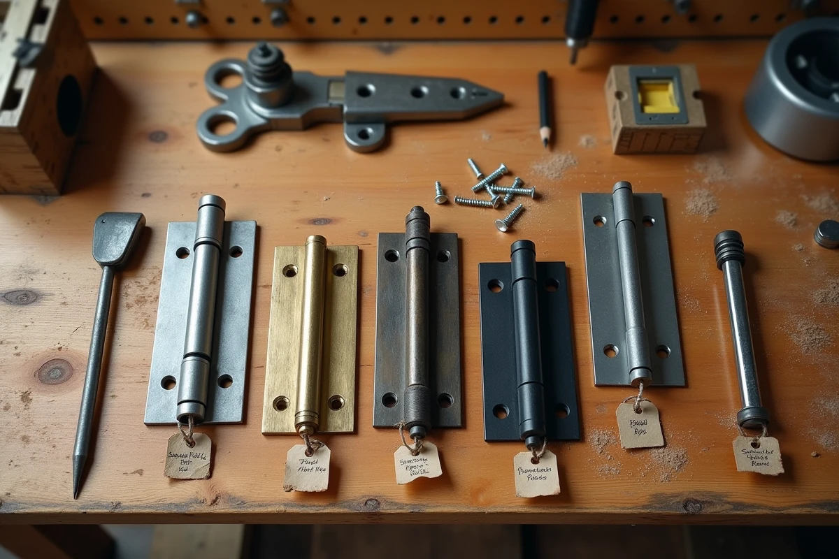 Assortiment de gonds extérieurs en différents matériaux disposés sur un établi d'atelier avec étiquettes comparatives