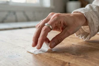 Main de femme ajustant une bague trop grande avec du ruban adhésif transparent sur une table en bois, astuce maison