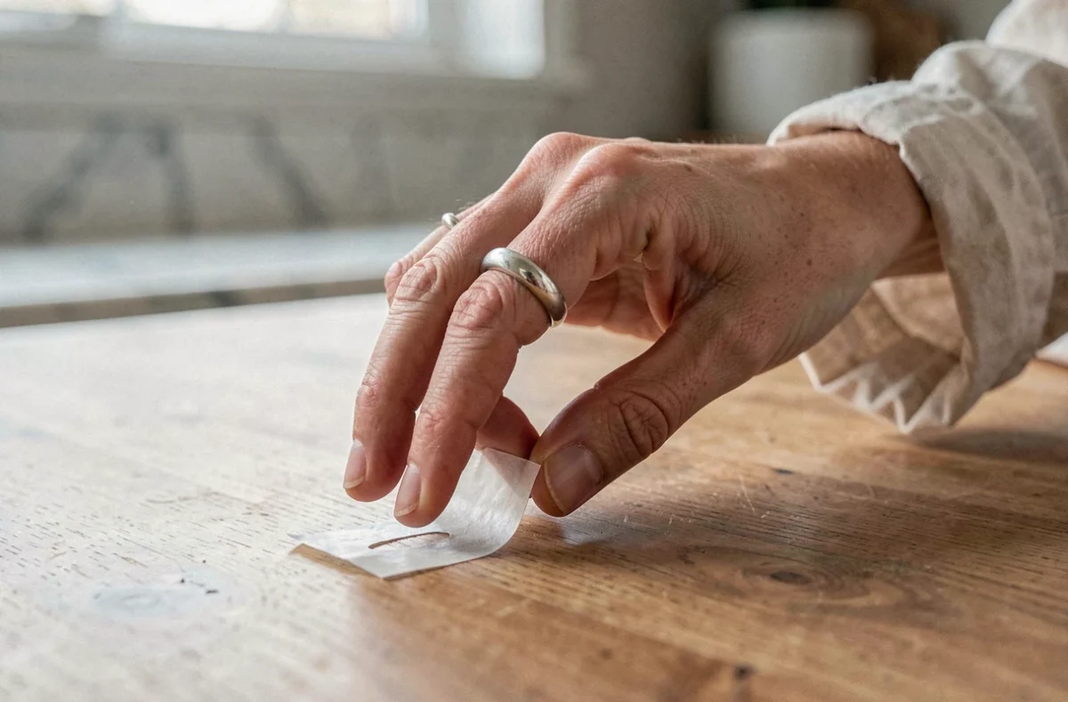 Main de femme ajustant une bague trop grande avec du ruban adhésif transparent sur une table en bois, astuce maison