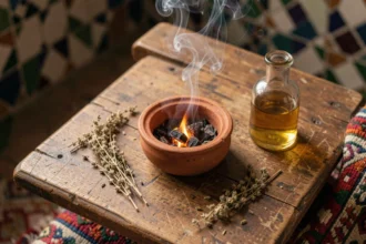 Brûleur de bakhour en céramique avec fumée d'encens et huile d'oud sur surface en bois, ambiance orientale authentique et économique