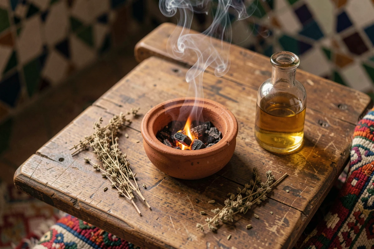 Brûleur de bakhour en céramique avec fumée d'encens et huile d'oud sur surface en bois, ambiance orientale authentique et économique