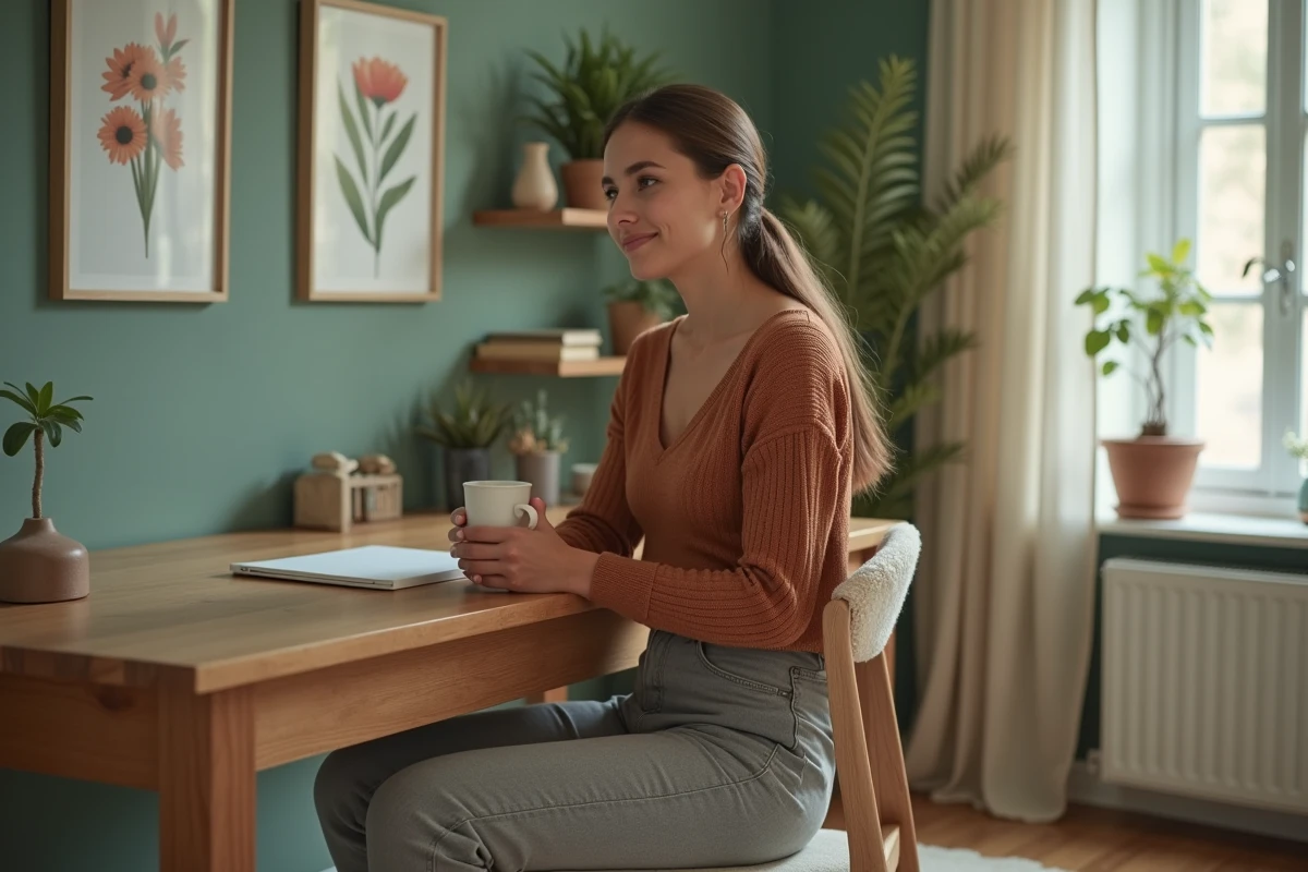 Jeune femme sereine dans un bureau à domicile aux murs vert sauge tenant une tasse en céramique, illustrant le lien entre couleur et bien-être mental