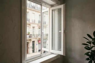 Cache grille de ventilation installé sur une fenêtre en PVC dans un appartement moderne, vue intérieure avec fond urbain flou