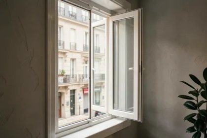 Cache grille de ventilation installé sur une fenêtre en PVC dans un appartement moderne, vue intérieure avec fond urbain flou