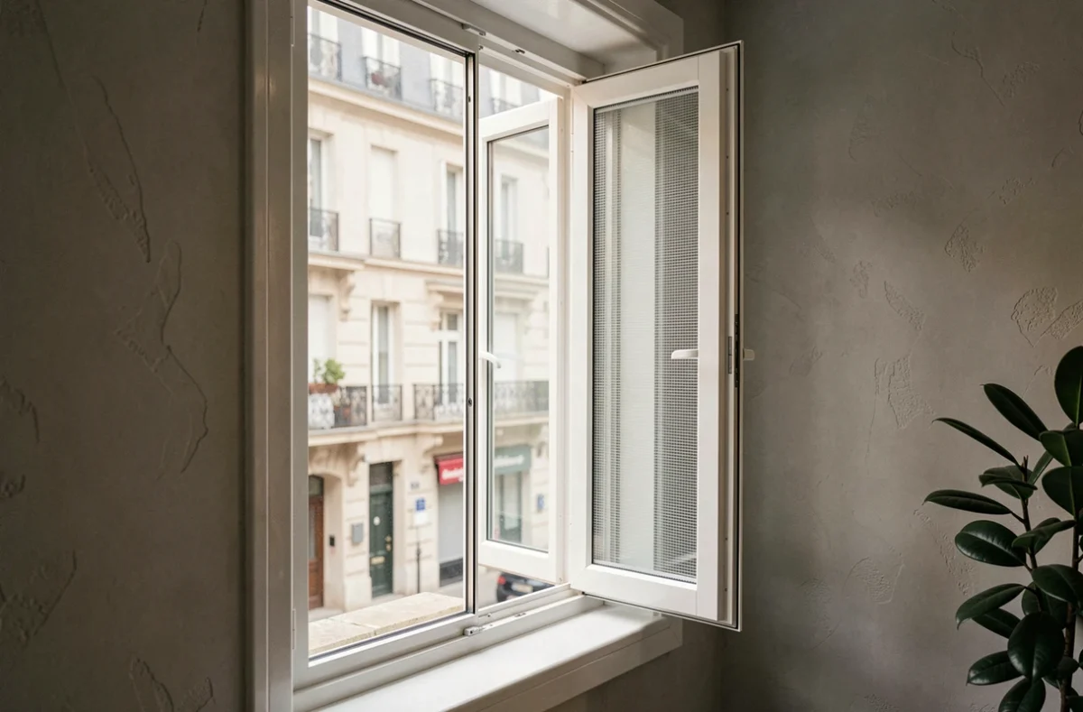 Cache grille de ventilation installé sur une fenêtre en PVC dans un appartement moderne, vue intérieure avec fond urbain flou