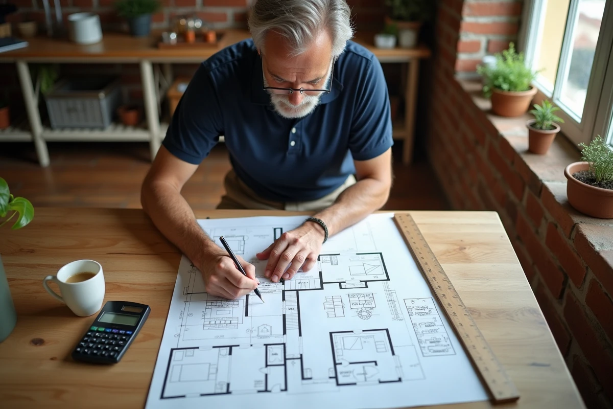 Homme calculant la superficie en m2 sur des plans architecturaux à une table en bois
