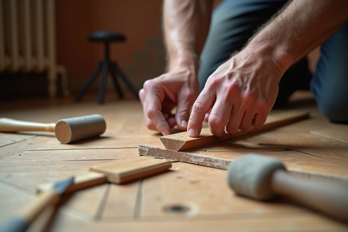 Pose de cales en bois entre les lames d'un parquet ancien pour éliminer les grincements lors d'une rénovation