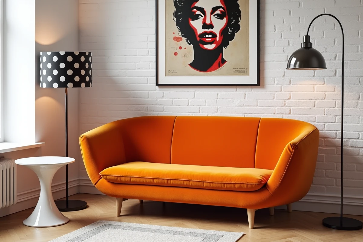 Coin salon pop design avec canapé en velours orange, lampadaire graphique et affiche Pop Art vintage sur mur en brique blanche