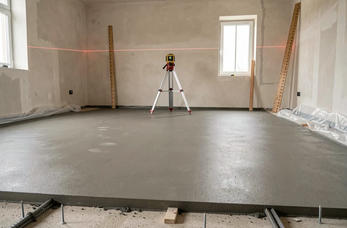 Chape de béton fraîchement coulée et nivelée dans une pièce vide avec niveau laser pour contrôle de l'épaisseur