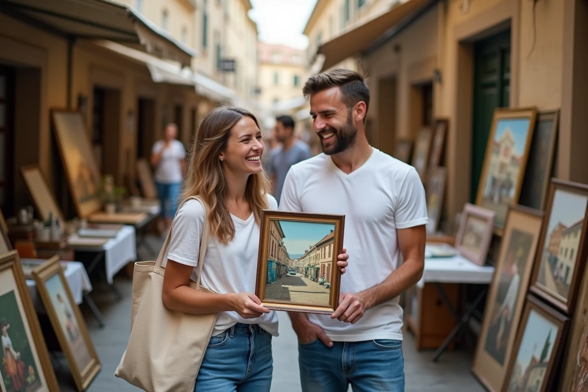 Deux chineurs découvrant une peinture ancienne dans un vide grenier à Montpellier