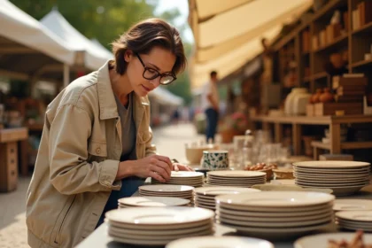 Chineuse examinant des assiettes en céramique vintage sur un vide grenier à Montpellier