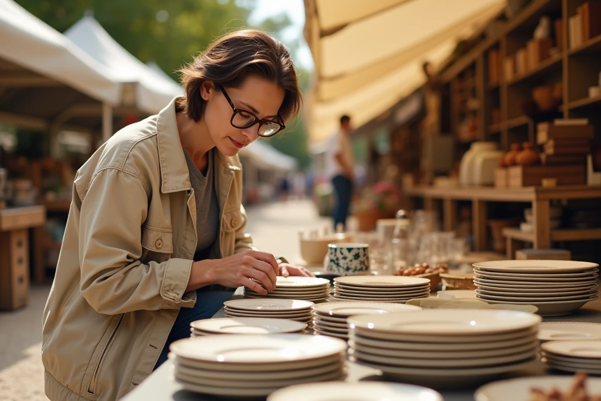Chineuse examinant des assiettes en céramique vintage sur un vide grenier à Montpellier
