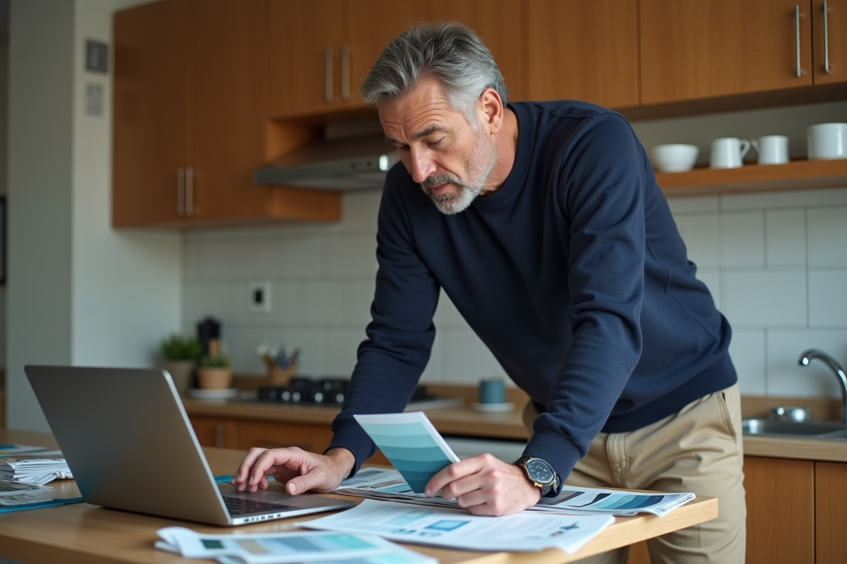 Homme comparant des échantillons de couleurs dans la cuisine
