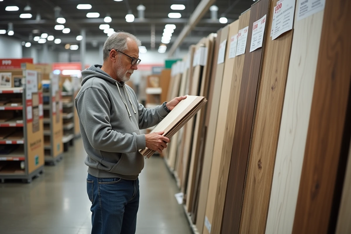 Client en magasin de bricolage comparant des rouleaux de sol PVC pas cher avec différents motifs bois et pierre