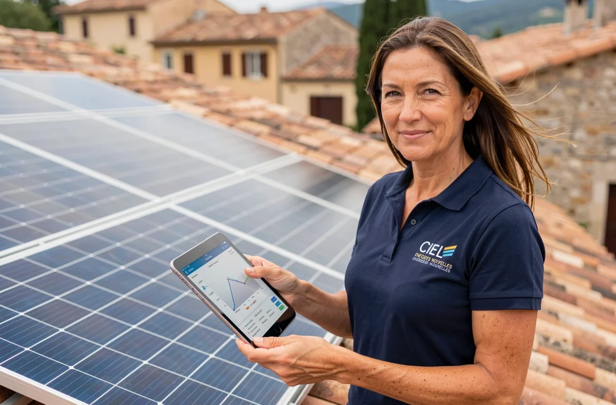 Consultante de Ciel Energies Nouvelles présentant une installation photovoltaïque sur un toit en Provence