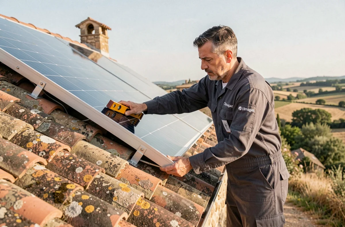 Installateur de Climagaz alignant des panneaux solaires thermiques sur le toit d'une ferme provençale
