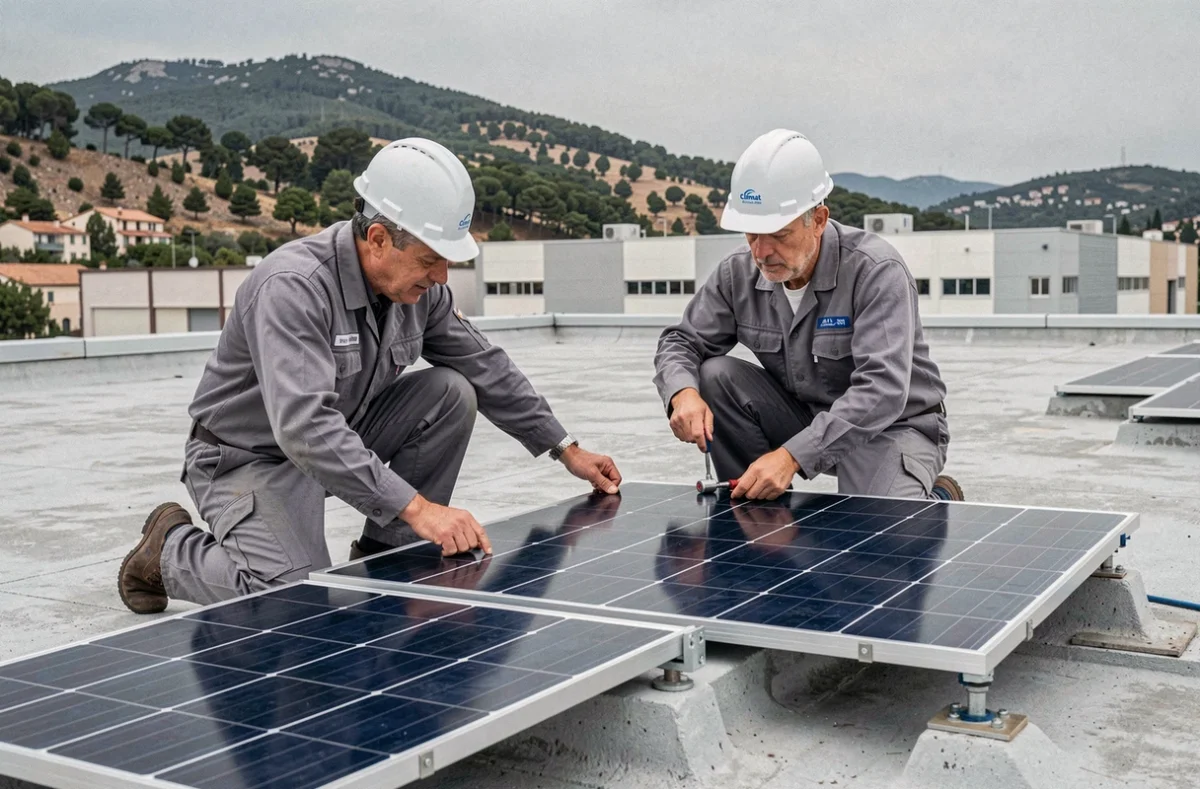 Deux techniciens de Climat 2001 fixant des panneaux solaires sur un toit commercial dans les Bouches-du-Rhône