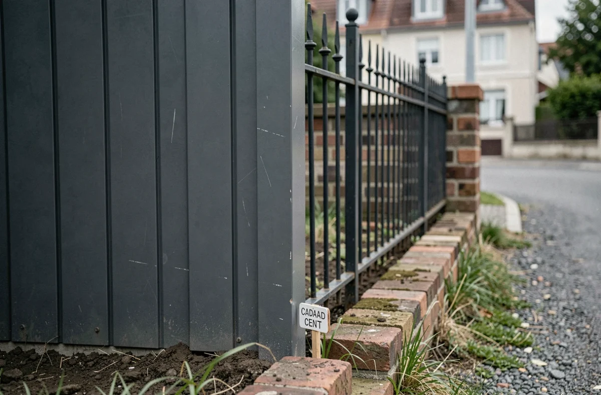 Détail d'une clôture non conforme au PLU en limite de propriété avec marqueur cadastral visible