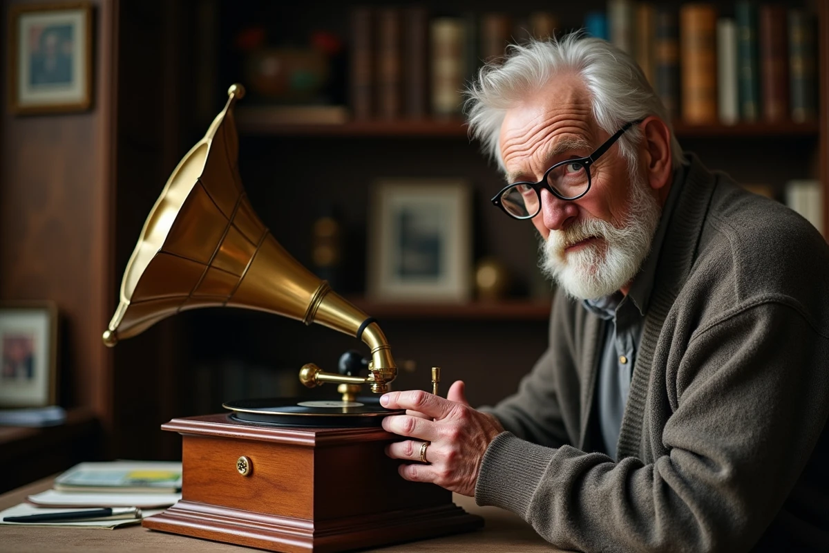 Collectionneur âgé examinant un gramophone de table HMV des années 1920 dans son bureau à domicile