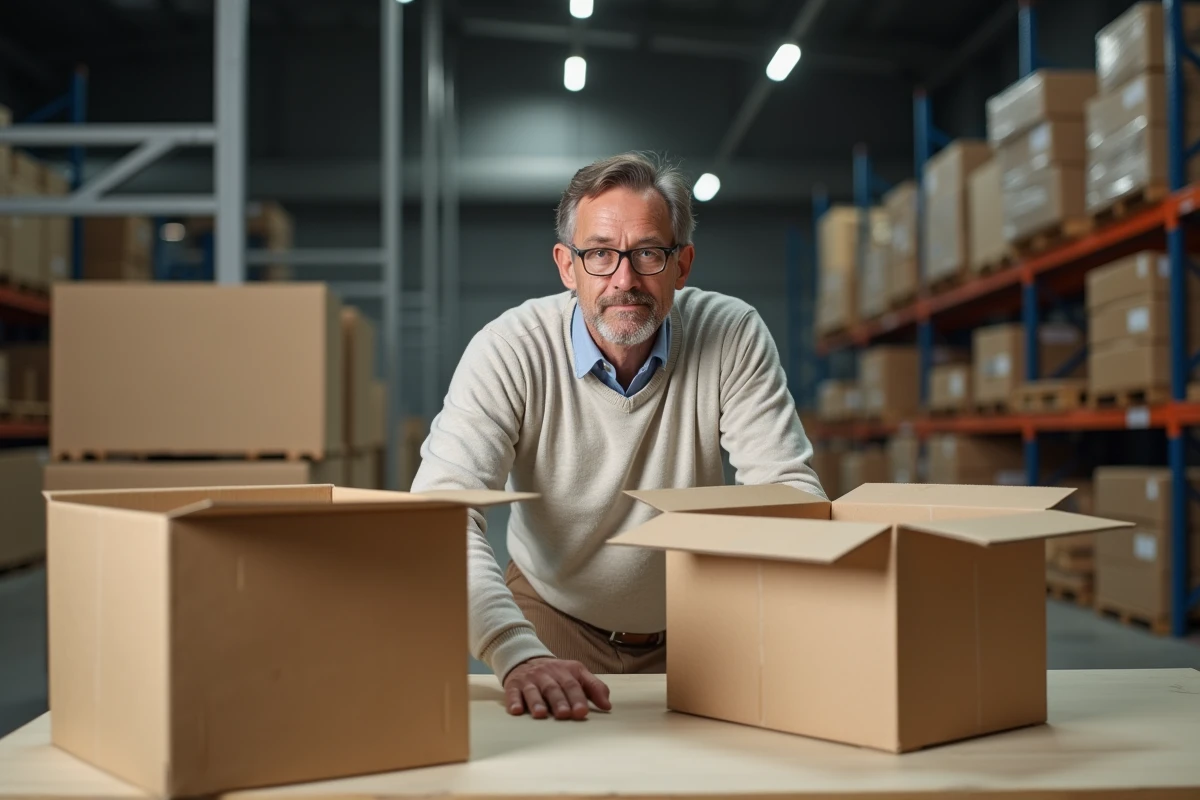 Homme comparant deux types de cartons dans un entrepôt